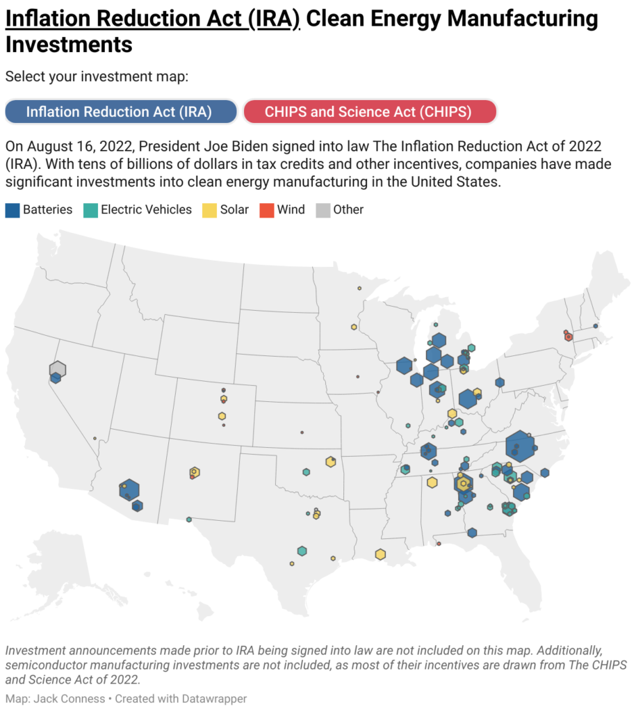 Jack Conness map of clean manufacturing projects in the US from IRA funding and incentives
